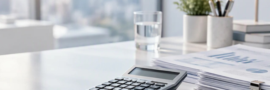 Calculadora i factures apilades sobre una taula d’oficina – Facturació a cost IVA